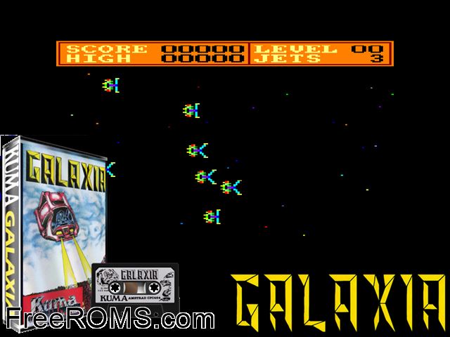 Galaxia (UK) (1984) [a2] Amstrad CPC game showing 3D box cover and gameplay screenshot